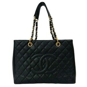 CHANEL Matelasse Coco Mark Caviar Leather Chain Tote Bag Handbag Black 21104